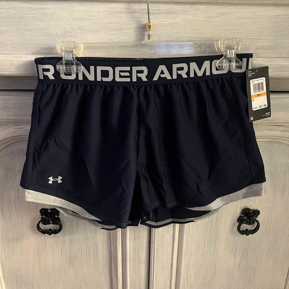 Women’s Under Armour Navy & Grey Loose Running Play Up Shorts - Picture 3 of 6